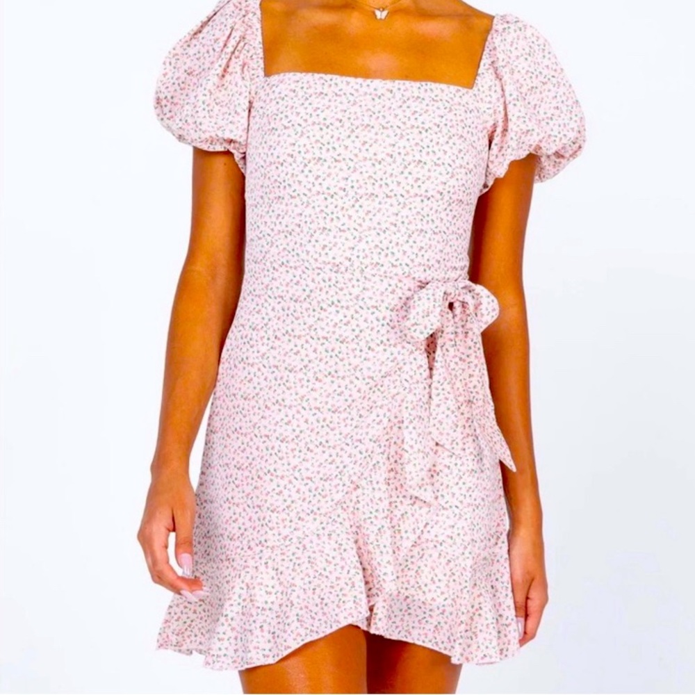 PRINCESS POLLY PINK FLORAL DRESS MINI ASYMMETRICAL HEM RUFFLE WRAP TIE SIZE 10